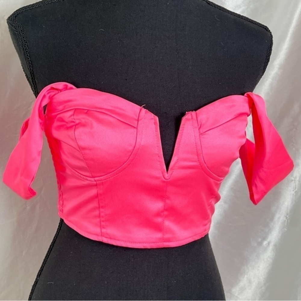 Superdown Neon Pink Off-Shoulder Satin Crop Top | XS | Y2K Party Vibes